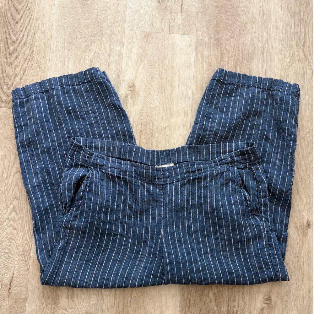 Eileen Fisher Blue White Striped Organic Linen Cropped Pants M Coastal Relaxed